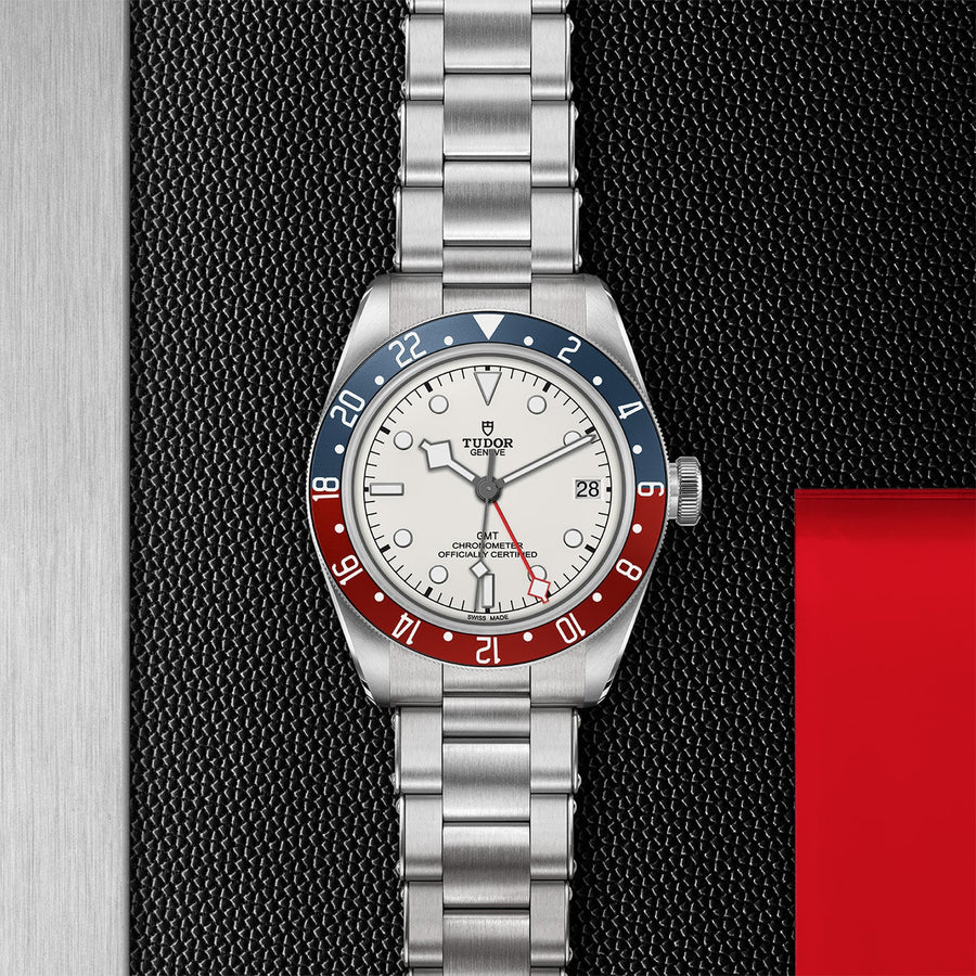 TUDOR Black Bay GMT 41mm Steel - M79830RB-0010 - TUDOR Black Bay GMT in a 41mm stainless steel case with opaline white dial on stainless steel bracelet, featuring a date display and automatic movement with up to 70 hours of power reserve.