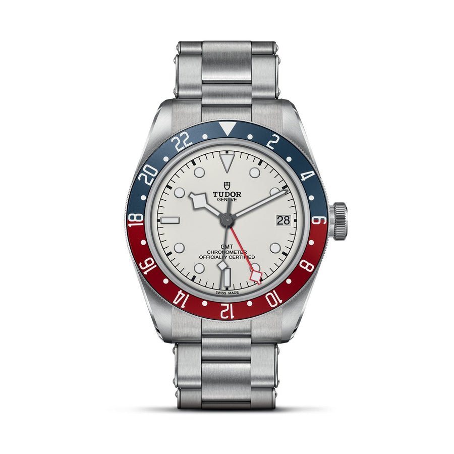 TUDOR Black Bay GMT 41mm Steel - M79830RB-0010 - TUDOR Black Bay GMT in a 41mm stainless steel case with opaline white dial on stainless steel bracelet, featuring a date display and automatic movement with up to 70 hours of power reserve.