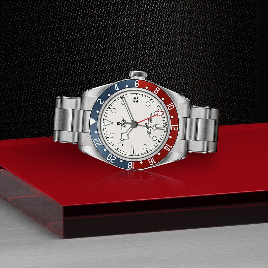 TUDOR Black Bay GMT 41mm Steel - M79830RB-0010 - TUDOR Black Bay GMT in a 41mm stainless steel case with opaline white dial on stainless steel bracelet, featuring a date display and automatic movement with up to 70 hours of power reserve.