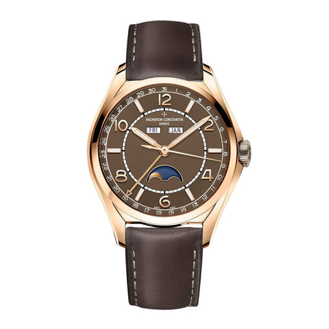 Vacheron Constantin Fiftysix® Complete Calendar in a 40mm rose gold case with brown dial on leather strap, featuring a complete calendar, moon phase and automatic movement.