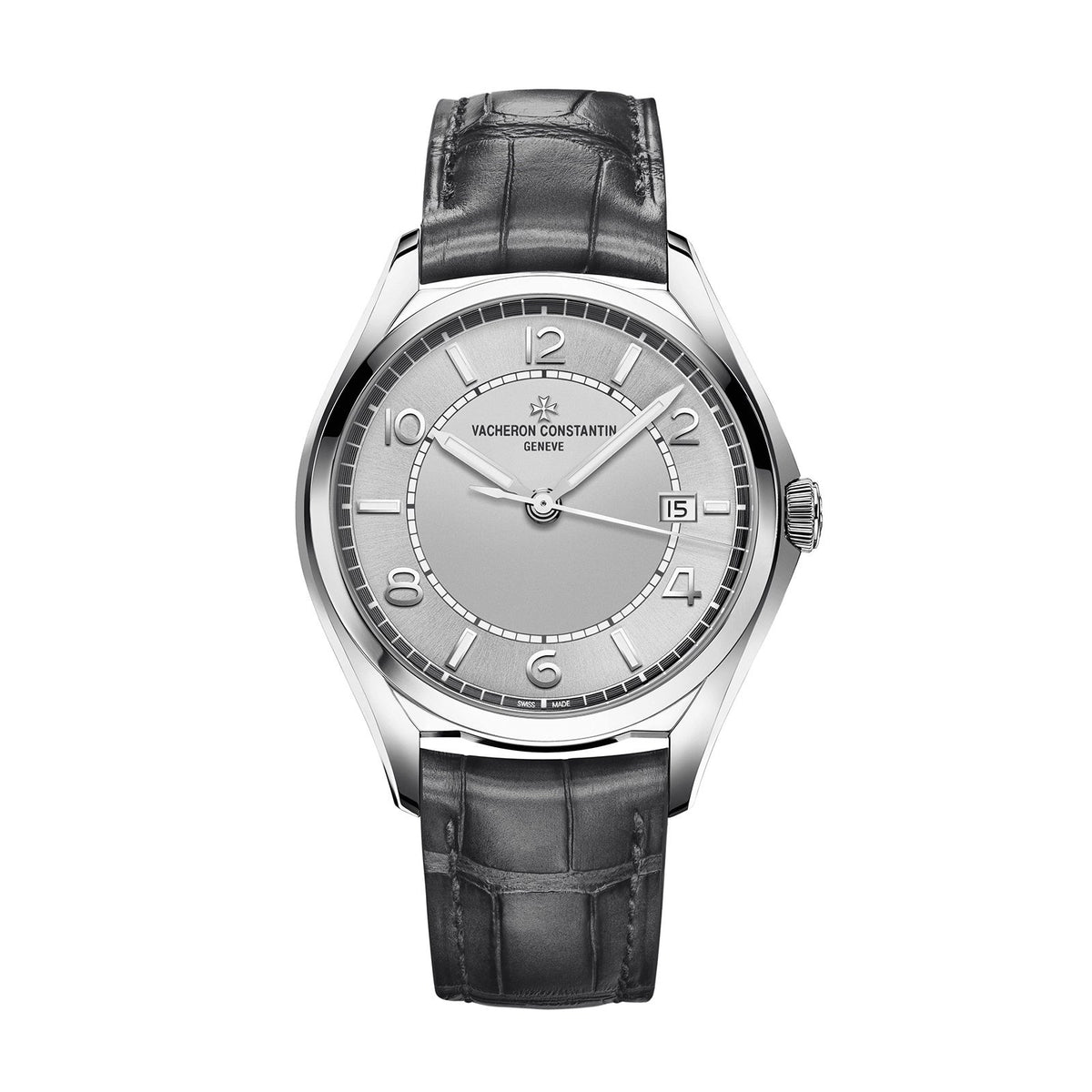 Vacheron Constantin Fiftysix Self-Winding in a 40mm stainless steel case with silver dial on leather strap, featuring a date display and automatic movement.