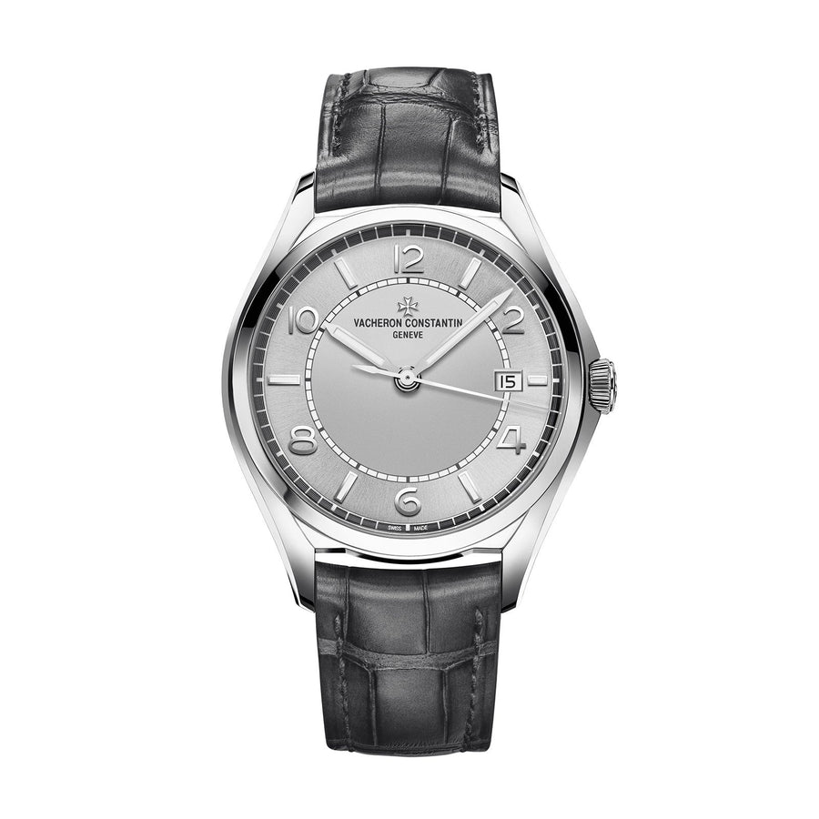 Vacheron Constantin Fiftysix Self-Winding in a 40mm stainless steel case with silver dial on leather strap, featuring a date display and automatic movement.