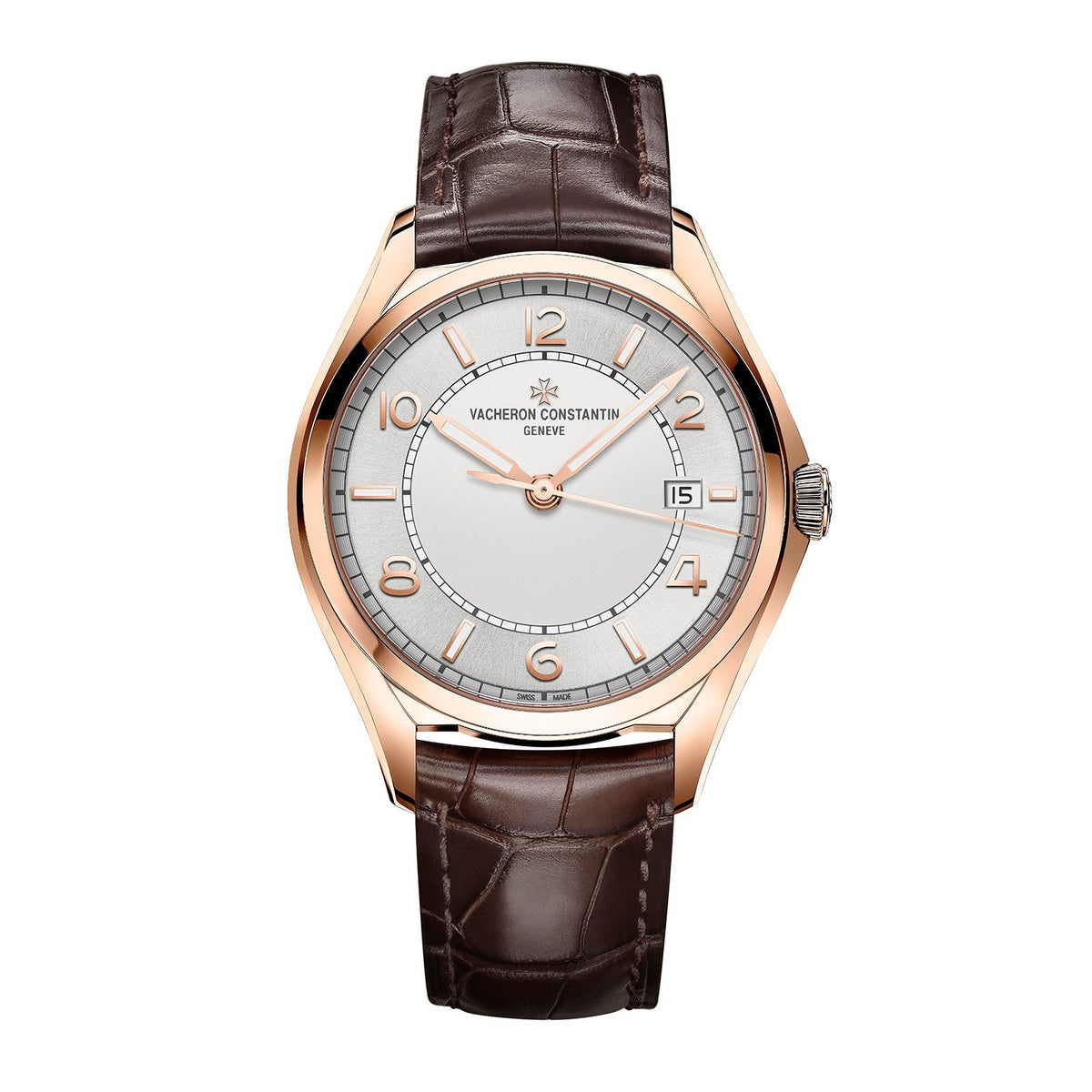 Vacheron Constantin Fiftysix Self-Winding in a 40mm rose gold case with silver dial on leather strap, featuring a date display and automatic movement.