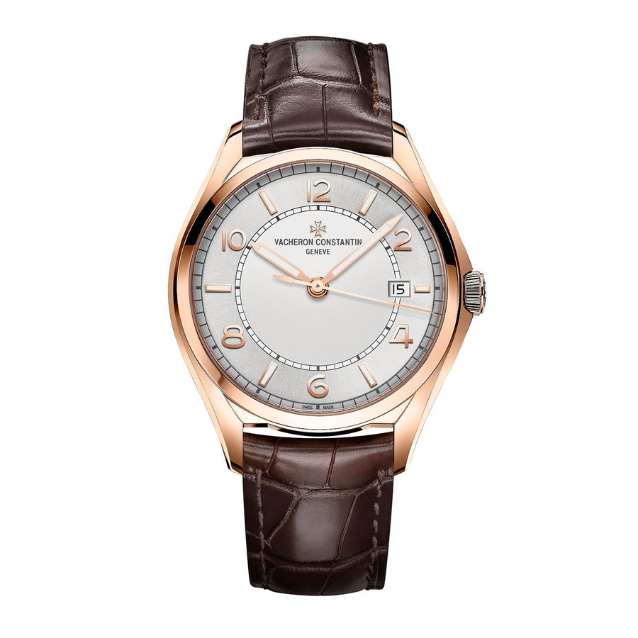 Vacheron Constantin Fiftysix Self-Winding in a 40mm rose gold case with silver dial on leather strap, featuring a date display and automatic movement.