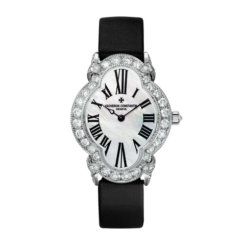 Vacheron Constantin Heures Créatives Heure Romantique-Vacheron Constantin Heures Créatives Heure Romantique - 37640/000G-B030 - Vacheron Constantin Heures Créatives Heure Romantique in a 36mmx 26mm white gold diamond bezel case with mother-of-pearl dial on satin strap, featuring a manual hand wound movement.