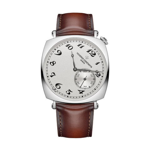 Vacheron Constantin Historiques American 1921 in a 41mm white gold cushion shaped case with silver dial on leather strap, featuring a small seconds sub-dial and mechanical hand wound movement.