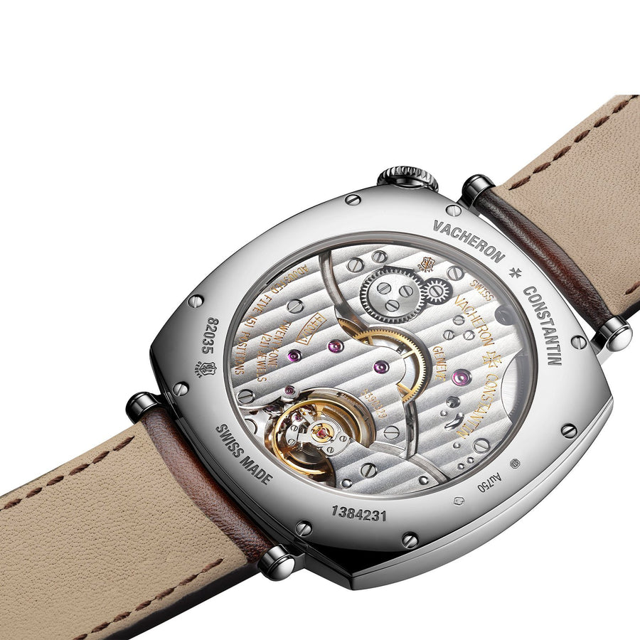 Vacheron Constantin Historiques American 1921 in a 41mm white gold cushion shaped case with silver dial on leather strap, featuring a small seconds sub-dial and mechanical hand wound movement.