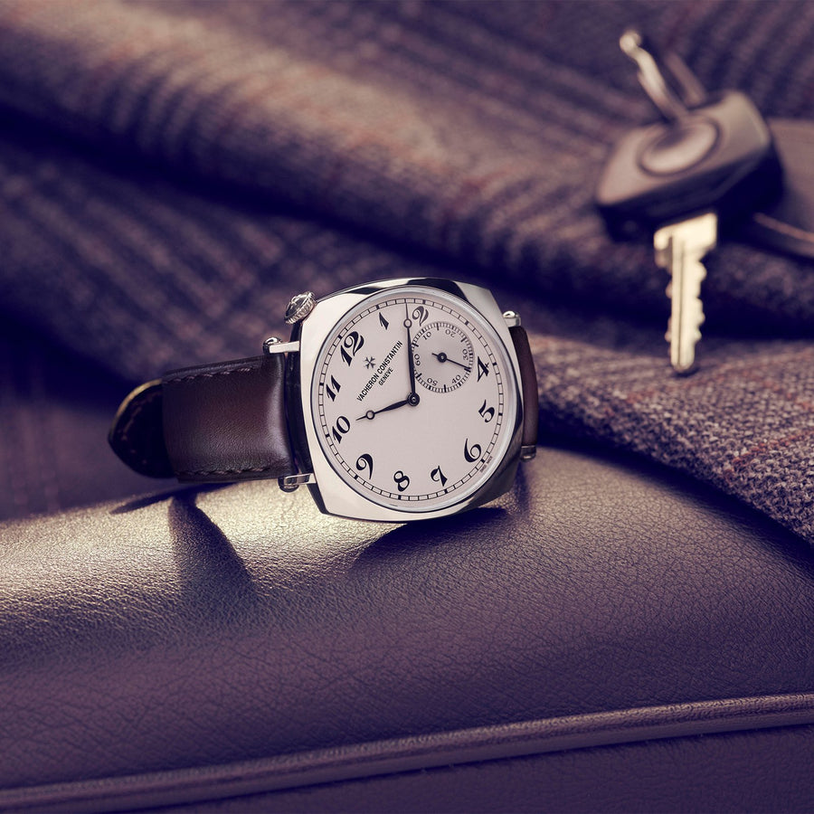 Vacheron Constantin Historiques American 1921 in a 41mm white gold cushion shaped case with silver dial on leather strap, featuring a small seconds sub-dial and mechanical hand wound movement.
