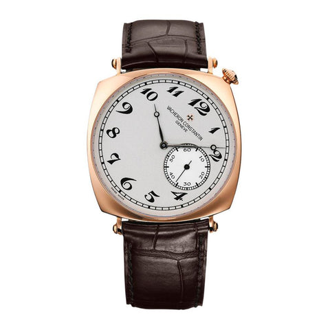 Vacheron Constantin Historiques American 1921 in a 41mm rose gold cushion shaped case with silver dial on leather strap, featuring a small seconds sub-dial and mechanical hand wound movement.