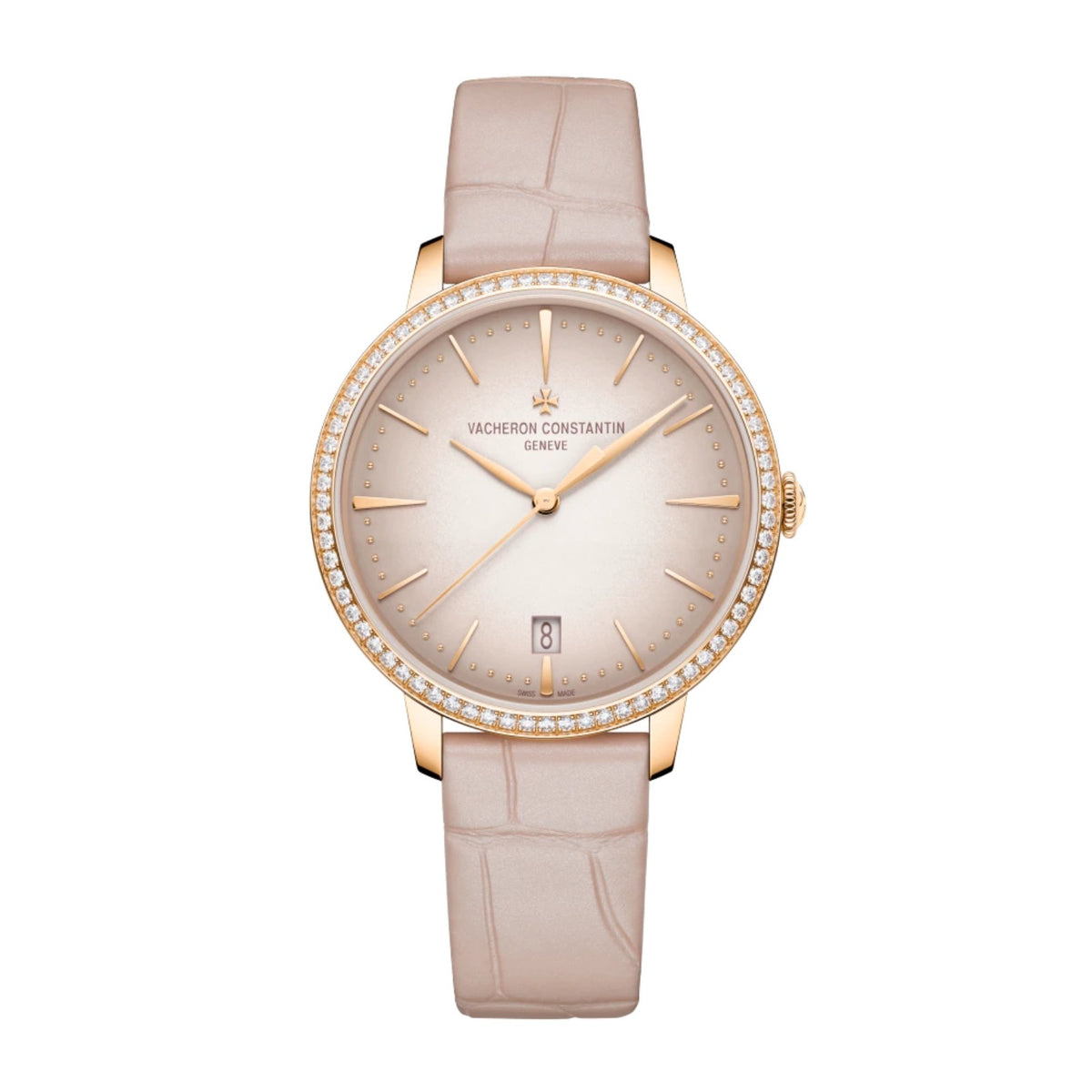 Vacheron Constantin Patrimoney Self-winding - 4115U/000R-B907 - Vacheron Constantin Patrimony Self-Winding in a 36.5mm rose gold diamond bezel case with pink dial on leather strap, featuring a date display and automatic movement.