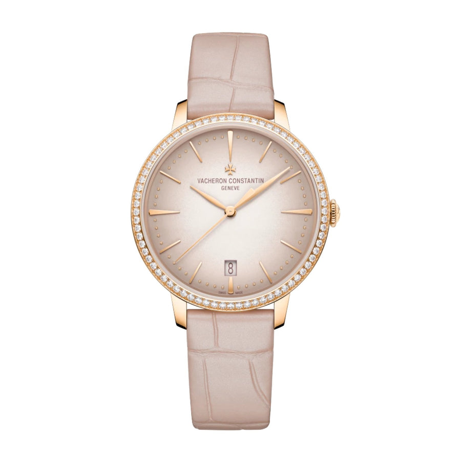 Vacheron Constantin Patrimoney Self-winding - 4115U/000R-B907 - Vacheron Constantin Patrimony Self-Winding in a 36.5mm rose gold diamond bezel case with pink dial on leather strap, featuring a date display and automatic movement.