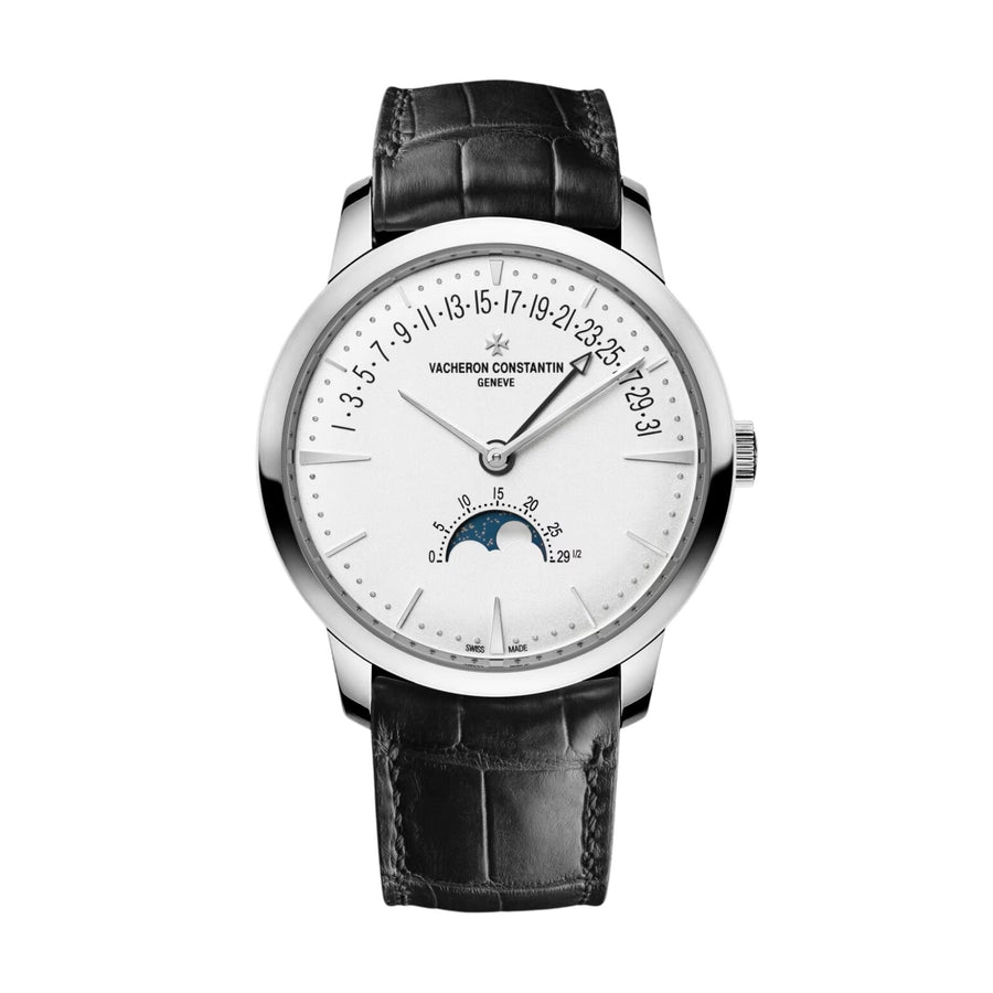 Vacheron Constantin Patrimony Moon Phase Retrograde Date - 4010U/000G-B330 - Vacheron Constantin Patrimony Moon Phase Retrograde Date in 42.5mm white gold case with silver dial on leather strap, featuring a retrograde date, moon phase and self-winding movement.