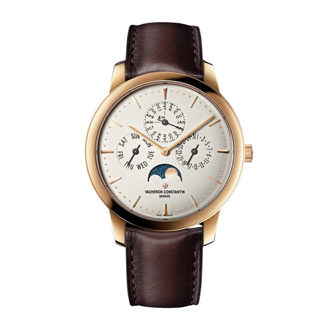 Vacheron Constantin Patrimony Perpetual Calendar Ultra-Thin - 43175/000R-9687 - Vacheron Constantin Patrimony Perpetual Calendar Ultra-Thin in a 41mm rose gold case with beige dial on leather strap, featuring a perpetual calendar complication, moon phase and self-winding movement.