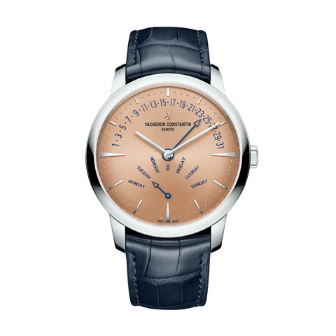 Vacheron Constantin Patrimony Retrograde Day-date - 4000U/000P-H003 - Vacheron Constantin Patrimony Retrograde Day-Date in a 42.5mm platinum case with salmon dial on leather strap, featuring a retrograde day, retrograde date, and automatic movement.