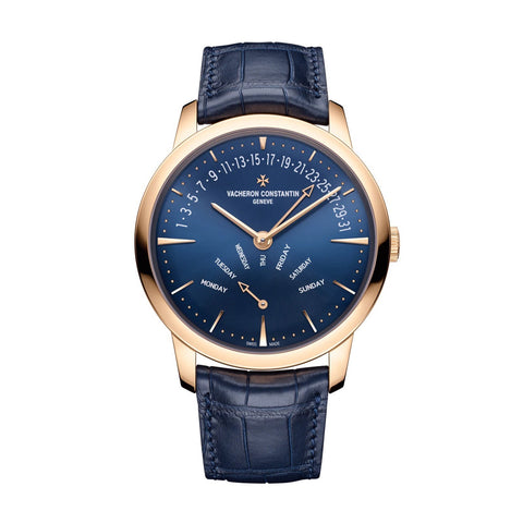 Vacheron Constantin Patrimony Retrograde Day-Date - 4000U/000R-B516 - Vacheron Constantin Patrimony Retrograde Day-Date in a 42.5mm rose gold case with blue dial on leather strap, featuring a retrograde day, retrograde date, and automatic movement.