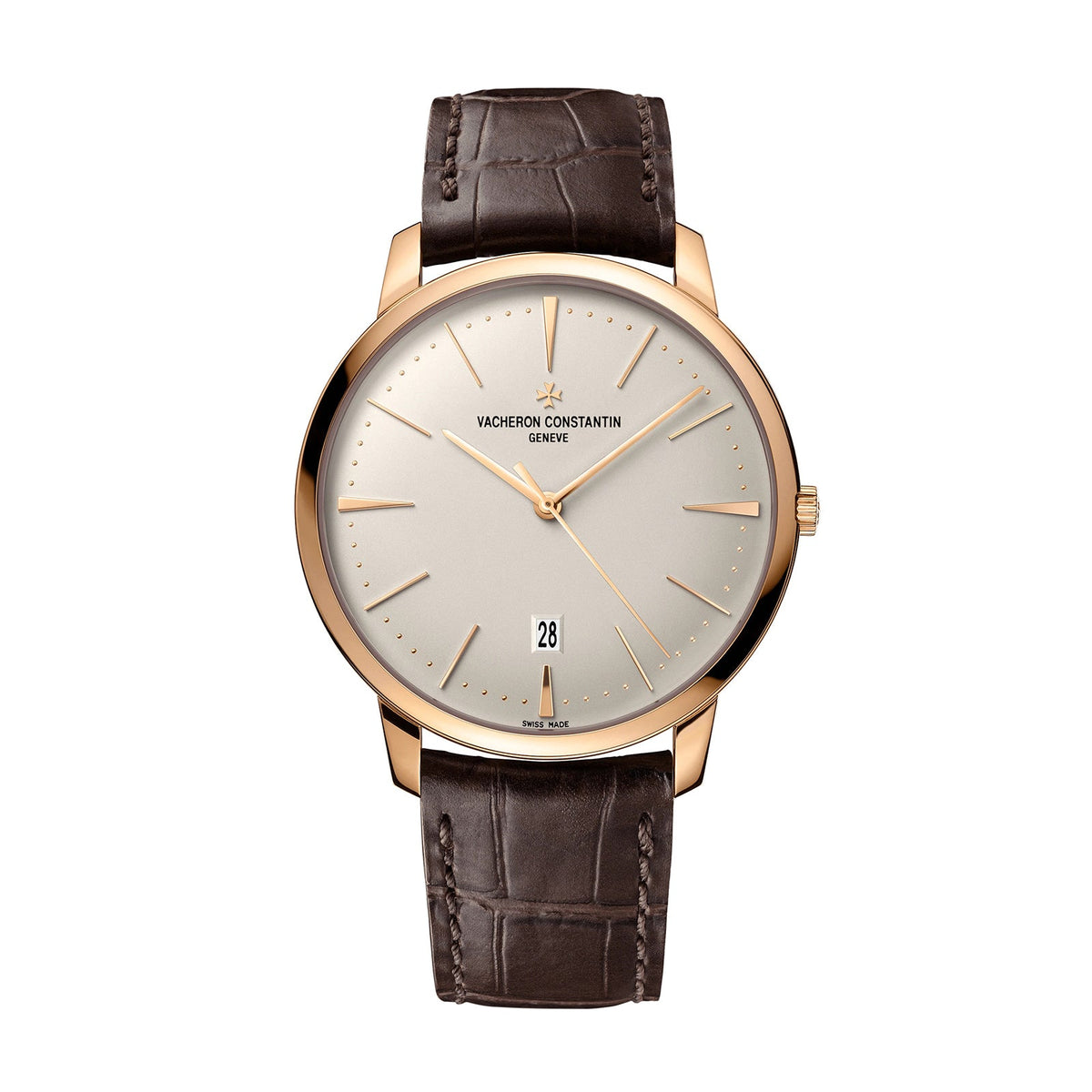 Vacheron Constantin Patrimony Self-winding 40mm - 85180/000R-9248 - Vacheron Constantin Patrimony Self-Winding in a 40mm rose gold case with beige dial on leather strap, featuring a date display and automatic movement.