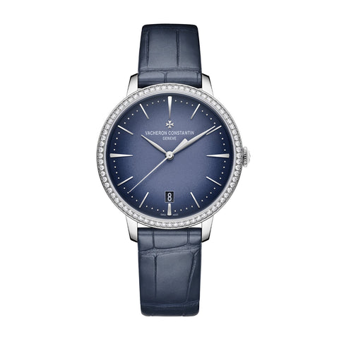 Vacheron Constantin Patrimony Self-Winding-Vacheron Constantin Patrimony Self-winding - 4115U/000G-B908 - Vacheron Constantin Patrimony Self-Winding in a 36.5mm white gold diamond bezel case with blue dial on leather strap, featuring a date display and automatic movement.