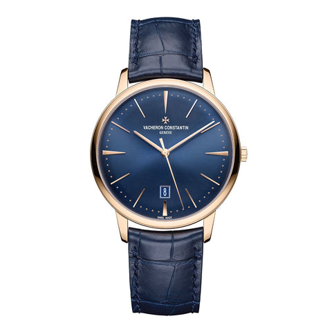 Vacheron Constantin Patrimony Self-Winding in a 40mm rose gold case with blue dial on leather strap, featuring a date display and automatic movement.
