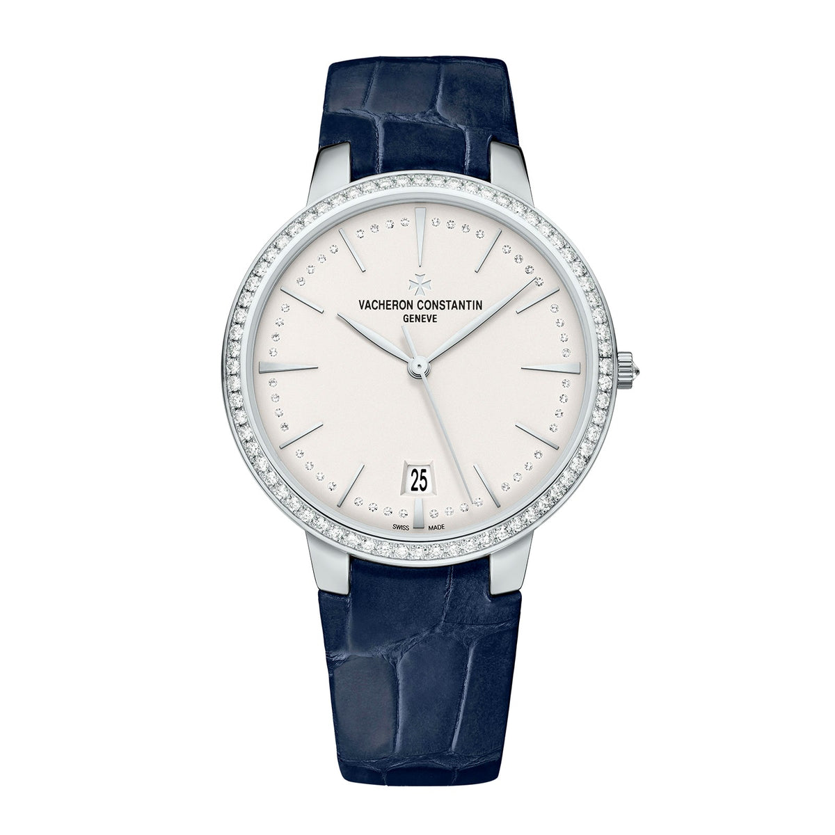 Vacheron Constantin Patrimony Self-Winding - 85515/000G-9841 - Vacheron Constantin Patrimony Self-Winding in a 36.5mm white gold diamond bezel case with silver dial on leather strap, featuring a date display and automatic movement.