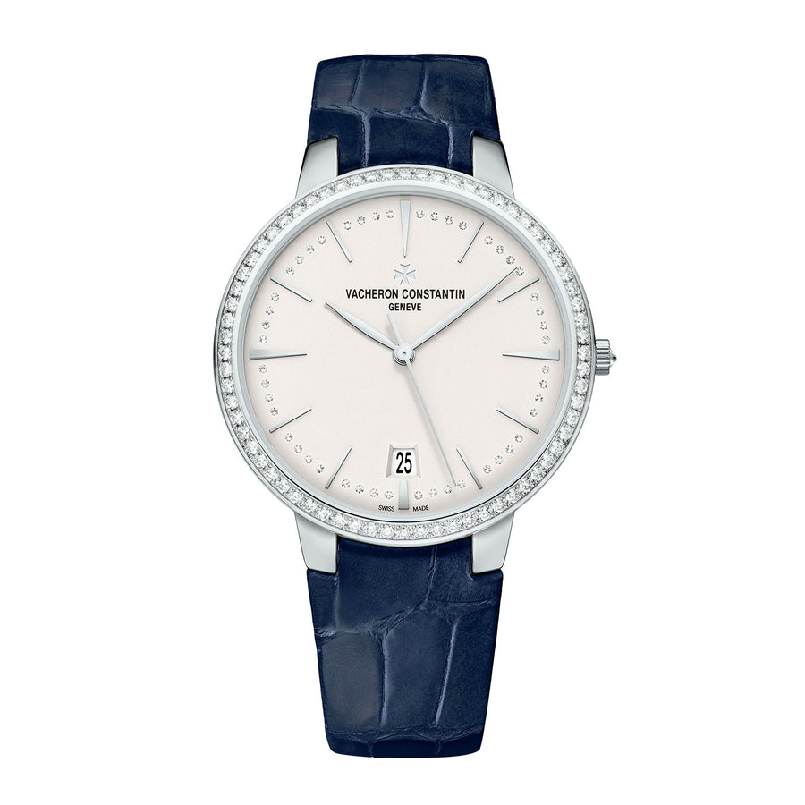 Vacheron Constantin Patrimony Self-Winding - 85515/000G-9841 - Vacheron Constantin Patrimony Self-Winding in a 36.5mm white gold diamond bezel case with silver dial on leather strap, featuring a date display and automatic movement.