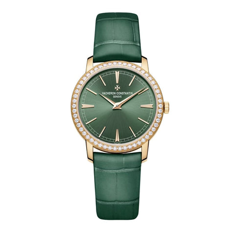 Vacheron Constantin Traditionnelle Manual-Winding-Vacheron Constantin Traditionnelle Manual-Winding - 1405T/000R-H009 - Vacheron Constantin Traditionnelle Manual-Winding in a 33mm rose gold diamond bezel case with green dial on leather strap, featuring a mechanical hand-wound movement.