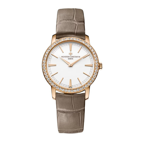 Vacheron Constantin Traditionnelle Manual-Winding-Vacheron Constantin Traditionnelle Manual-Winding - 81590/000R-9847 - Vacheron Constantin Traditionnelle Manual-Winding in a 33mm rose gold diamond bezel case with white dial on leather strap, featuring a hand-wound mechanical movement.