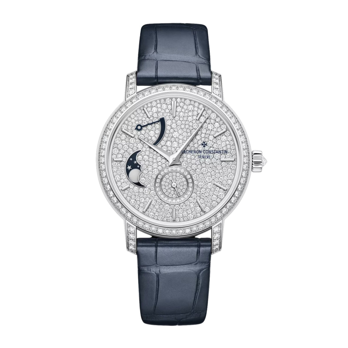 Vacheron Constantin Traditionnelle Moon Phase - 7006T/000G-B913 - Vacheron Constantin Traditionnelle Moon Phase in a 37mm white gold diamond bezel case with diamond dial on leather strap, featuring a power reserve indicator, moon phase, small seconds display and hand-wound mechanical movement.