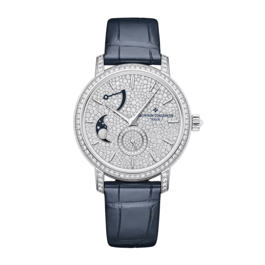 Vacheron Constantin Traditionnelle Moon Phase - 7006T/000G-B913 - Vacheron Constantin Traditionnelle Moon Phase in a 37mm white gold diamond bezel case with diamond dial on leather strap, featuring a power reserve indicator, moon phase, small seconds display and hand-wound mechanical movement.