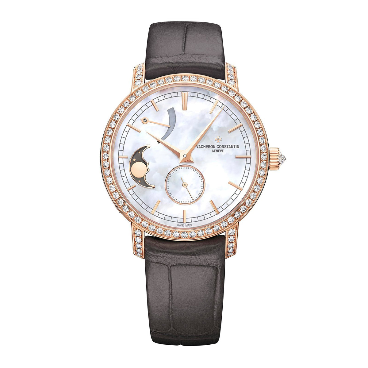 Vacheron Constantin Traditionnelle Moon Phase in a 36mm rose gold diamond bezel case with mother-of-pearl dial on leather strap, featuring a power reserve indicator, moon phase, small seconds display and hand-wound mechanical movement.