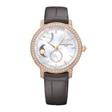Vacheron Constantin Traditionnelle Moon Phase-Vacheron Constantin Traditionnelle Moon Phase in a 36mm rose gold diamond bezel case with mother-of-pearl dial on leather strap, featuring a power reserve indicator, moon phase, small seconds display and hand-wound mechanical movement.