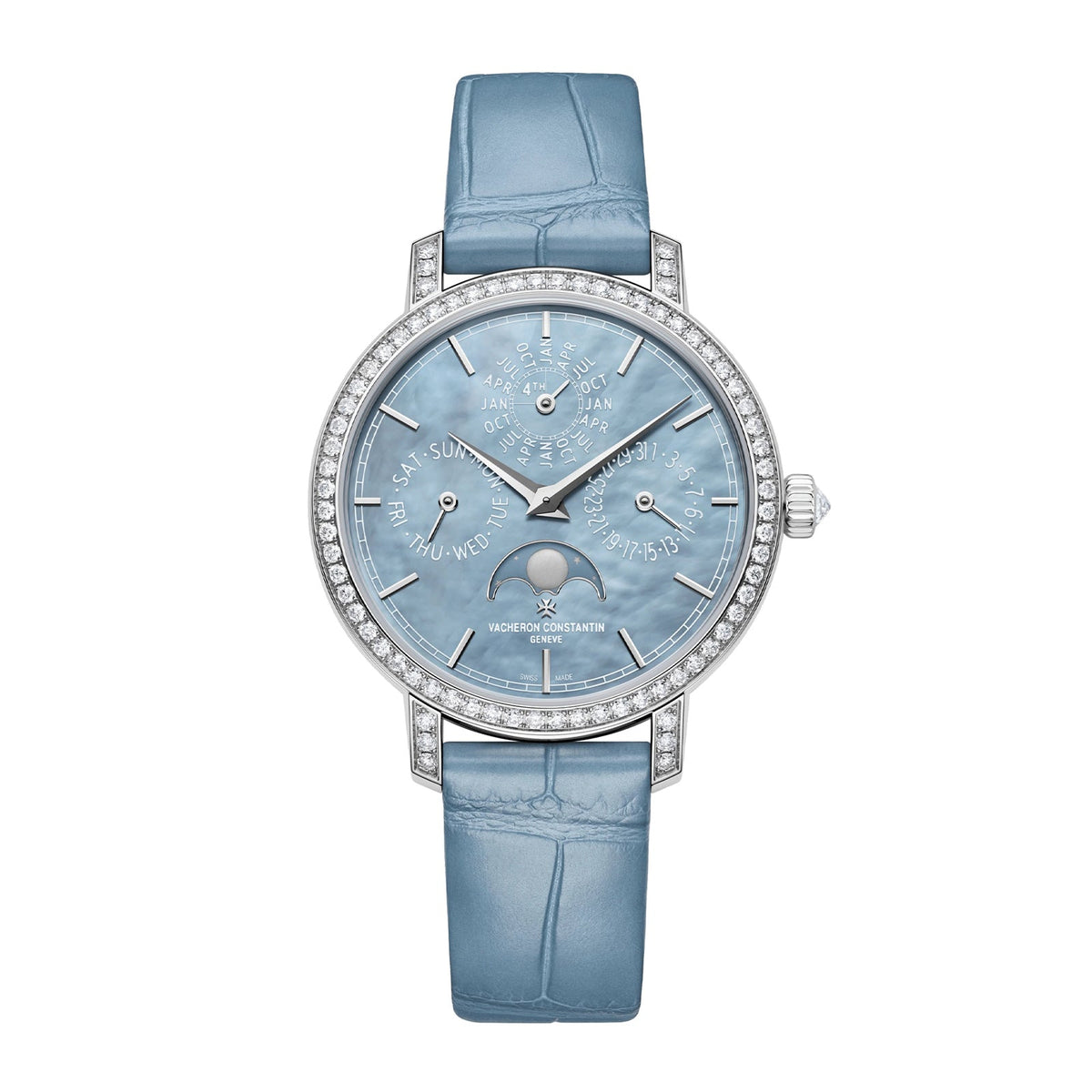 Vacheron Constantin Traditionnelle Perpetual Calendar Ultra-Thin - 4305T/000G-B948 - Vacheron Constantin Traditionnelle Perpetual Calendar Ultra-Thin in a 36.5mm white gold diamond bezel case with blue dial on leather strap, featuring a perpetual calendar complication, moon phase and self-winding movement.