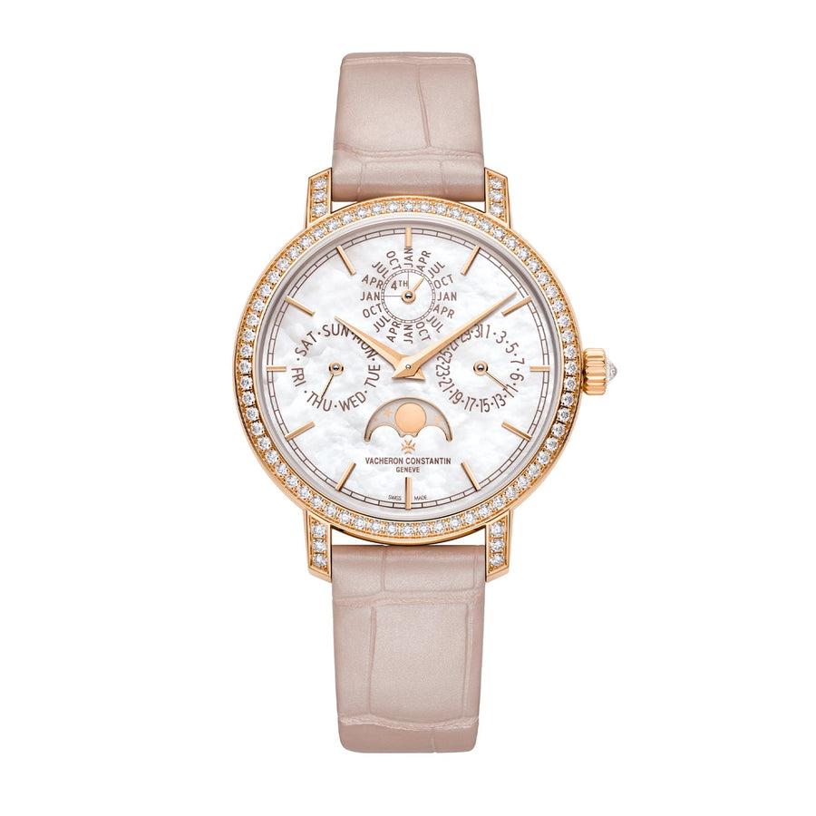 Vacheron Constantin Traditionnelle Perpetual Calendar Ultra-Thin - 4305T/000R-B947 - Vacheron Constantin Traditionnelle Perpetual Calendar Ultra-Thin in a 36.5mm white gold diamond bezel case with mother-of-pearl dial on leather strap, featuring a perpetual calendar complication, moon phase, and automatic movement.