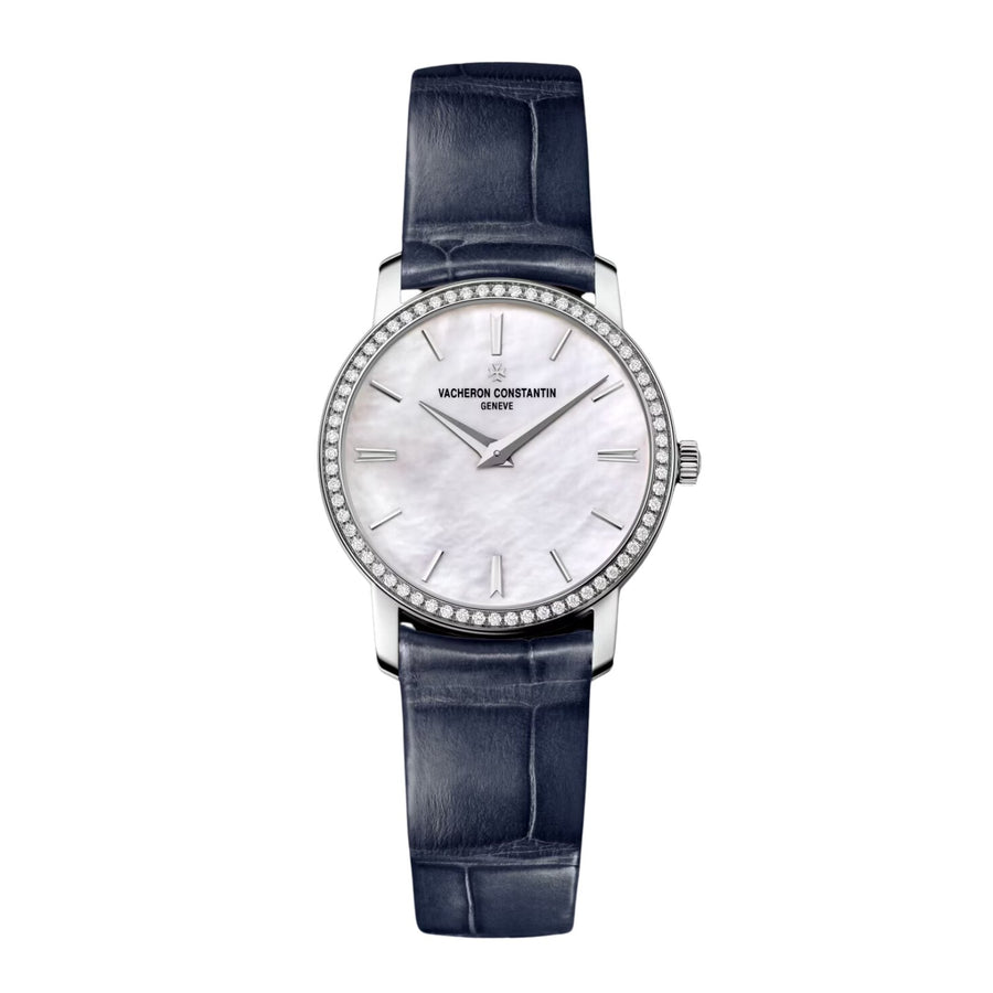 Vacheron Constantin Traditionnelle Quartz - 25558/000G-B157 - Vacheron Constantin Traditionnelle Quartz in 30mm white gold diamond bezel case with mother-of-pearl dial on leather strap, featuring a quartz movement.