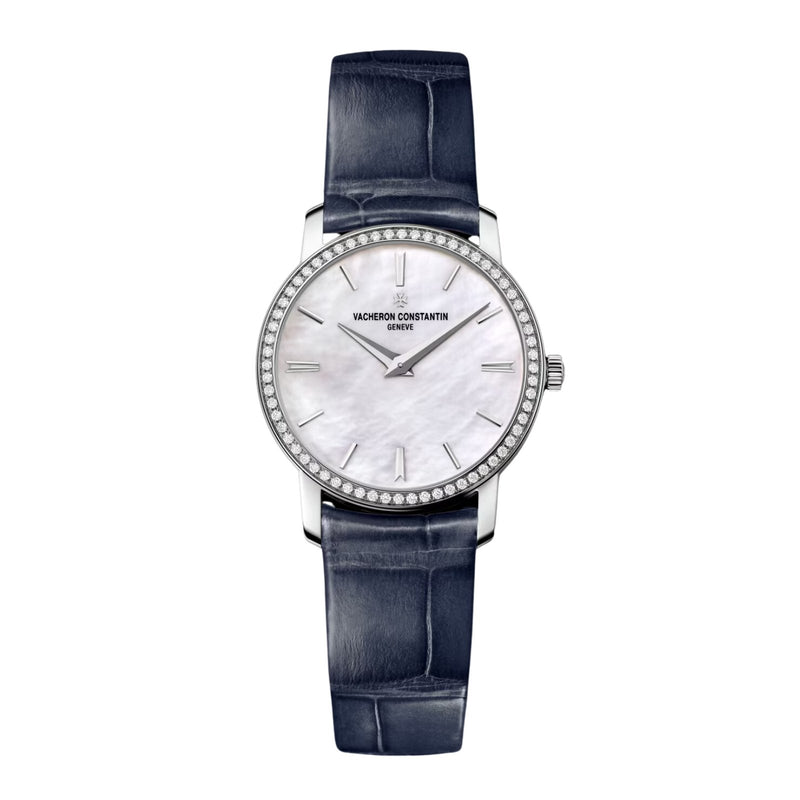 Vacheron Constantin Traditionnelle Quartz-Vacheron Constantin Traditionnelle Quartz - 25558/000G-B157 - Vacheron Constantin Traditionnelle Quartz in 30mm white gold diamond bezel case with mother-of-pearl dial on leather strap, featuring a quartz movement.