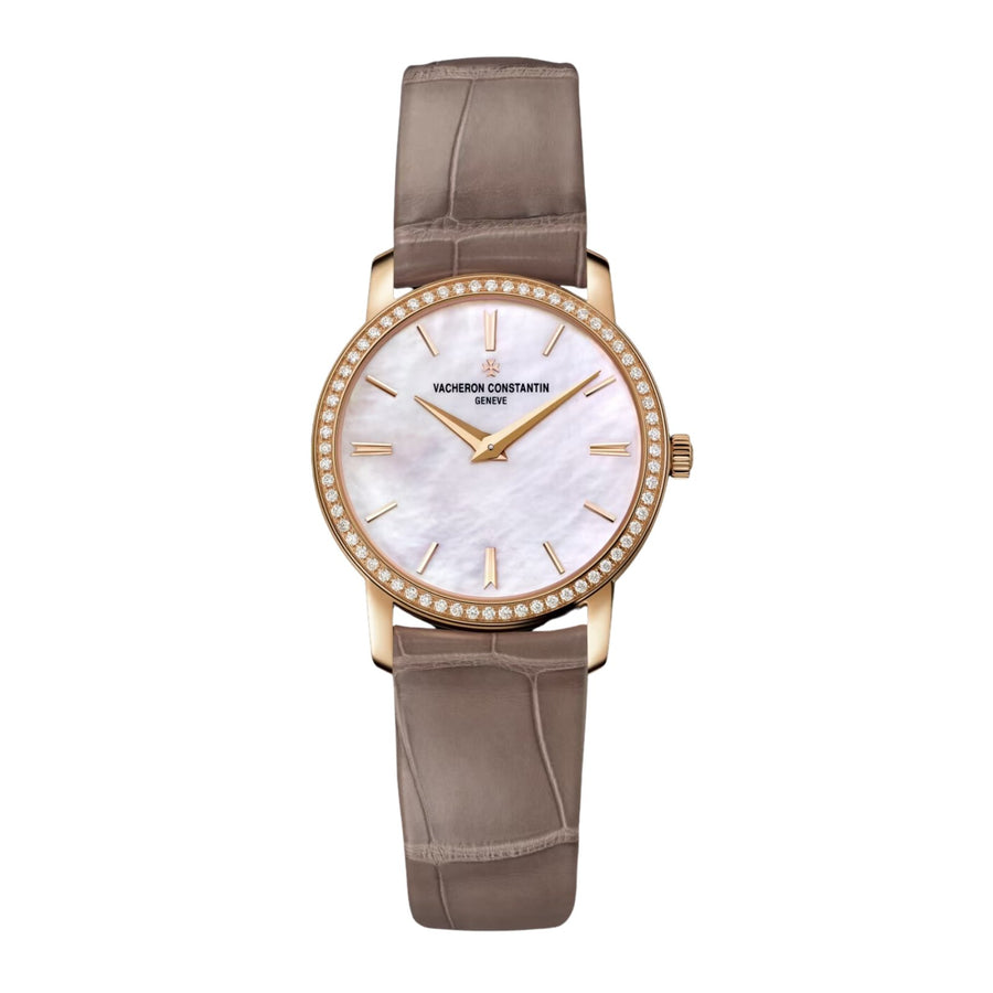 Vacheron Constantin Traditionnelle Quartz - 25558/000R-B156 - Vacheron Constantin Traditionnelle Quartz in a 30mm rose gold diamond bezel case with mother-of-pearl dial on leather strap, featuring a quartz movement.