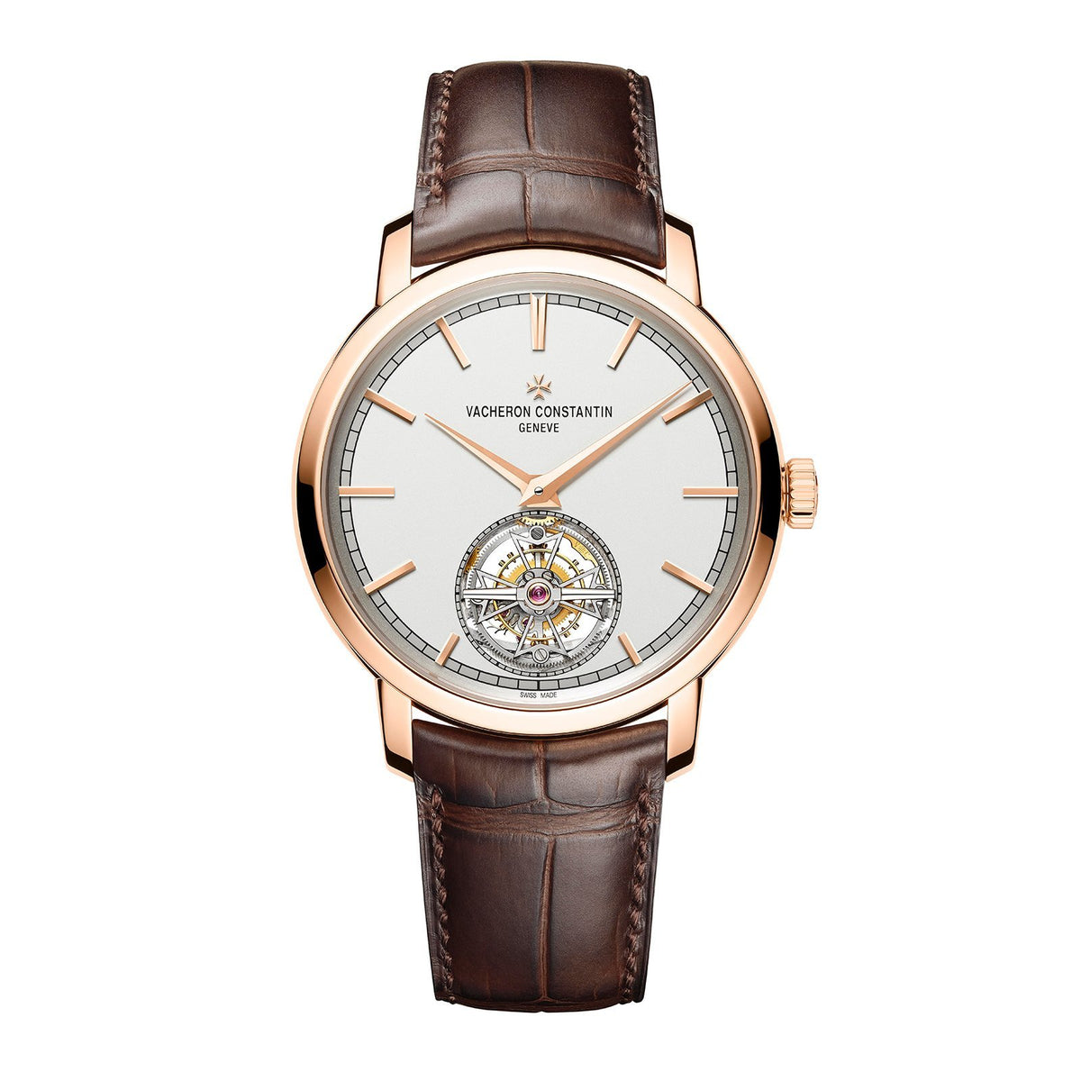 Vacheron Constantin Traditionnelle Tourbillon in a 41mm rose gold case with silver dial on leather strap, featuring a tourbillon display and automatic movement.
