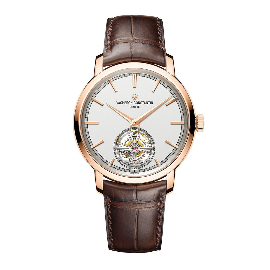 Vacheron Constantin Traditionnelle Tourbillon in a 41mm rose gold case with silver dial on leather strap, featuring a tourbillon display and automatic movement.