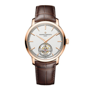 Vacheron Constantin Traditionnelle Tourbillon-Vacheron Constantin Traditionnelle Tourbillon in a 41mm rose gold case with silver dial on leather strap, featuring a tourbillon display and automatic movement.