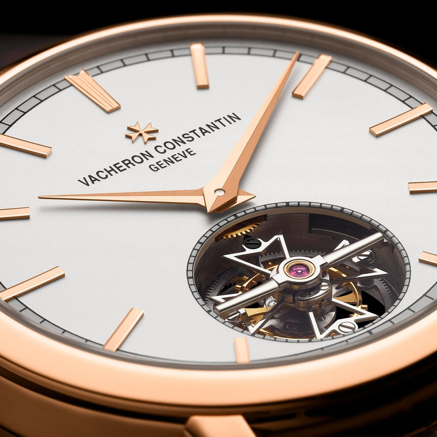 Vacheron Constantin Traditionnelle Tourbillon in a 41mm rose gold case with silver dial on leather strap, featuring a tourbillon display and automatic movement.