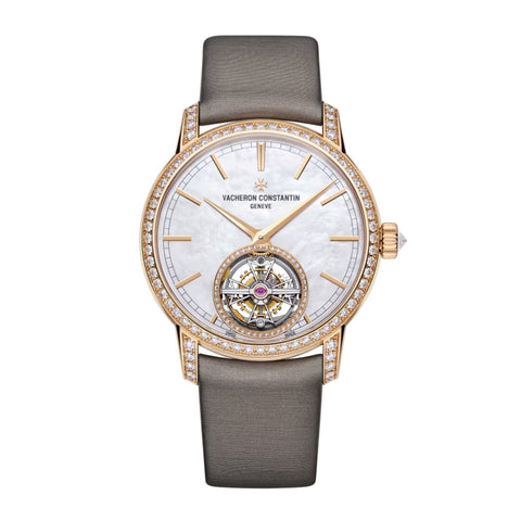 Vacheron Constantin Traditionnelle Tourbillon - 6035T/000R-B634 - Vacheron Constantin Traditionnelle Tourbillon in a 39mm rose gold diamond bezel case with mother-of-pearl dial on leather strap, featuring a tourbillon display and automatic movement with up to 80 hours power reserve.