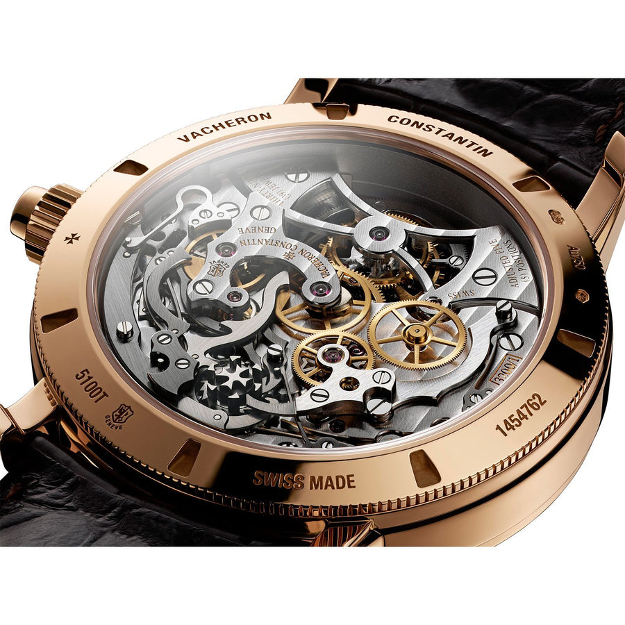 Vacheron Constantin Traditionnelle Tourbillon Chronograph in a 42.5mm rose gold case with silver dial on leather strap, featuring a tourbillon display, chronograph function and hand-wound mechanical movement.