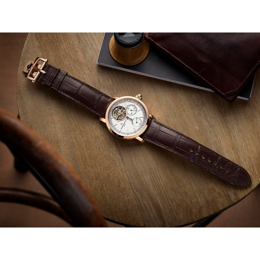 Vacheron Constantin Traditionnelle Tourbillon Chronograph in a 42.5mm rose gold case with silver dial on leather strap, featuring a tourbillon display, chronograph function and hand-wound mechanical movement.