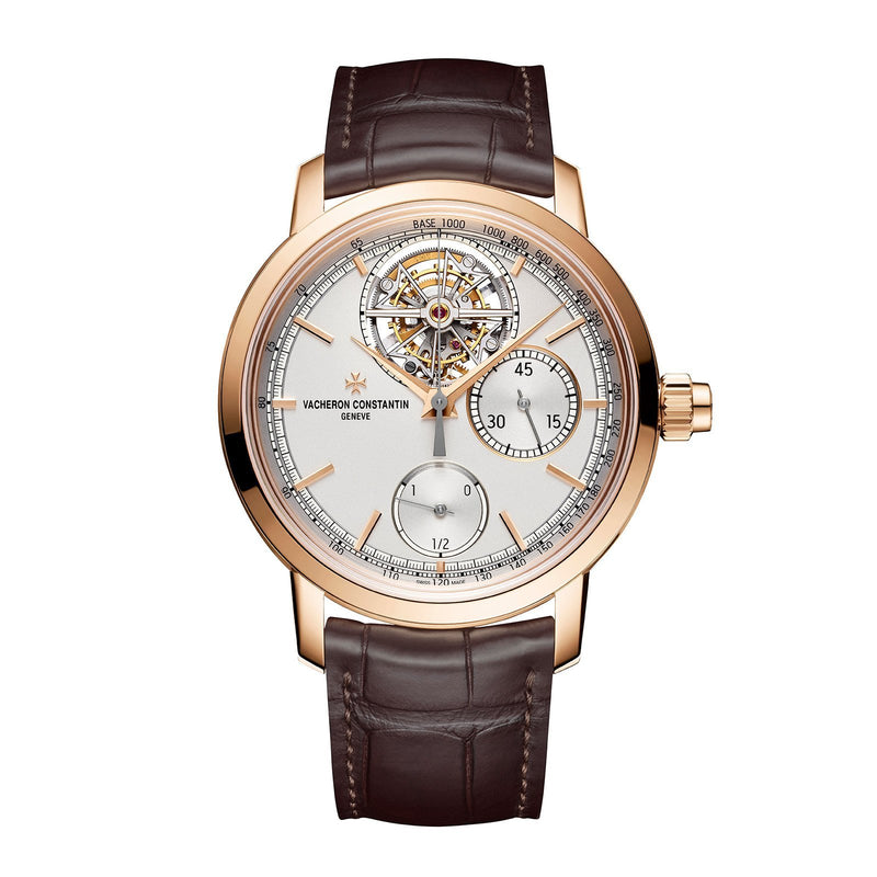 Vacheron Constantin Traditionnelle Tourbillon Chronograph-Vacheron Constantin Traditionnelle Tourbillon Chronograph in a 42.5mm rose gold case with silver dial on leather strap, featuring a tourbillon display, chronograph function and hand-wound mechanical movement.