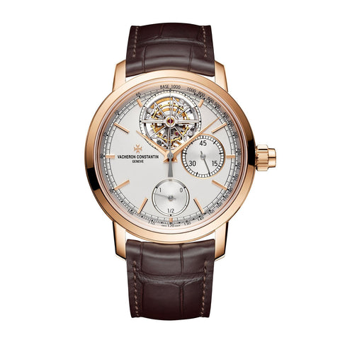 Vacheron Constantin Traditionnelle Tourbillon Chronograph in a 42.5mm rose gold case with silver dial on leather strap, featuring a tourbillon display, chronograph function and hand-wound mechanical movement.