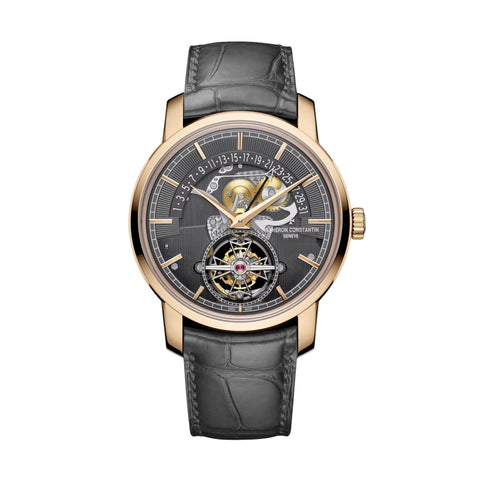 Vacheron Constantin Traditionnelle Tourbillon Retrograde Date Openface - 6010T/000R-B638 - Vacheron Constantin Traditionnelle Tourbillon Retrograde Date Openface in a 41mm rose gold case with grey dial on leather strap, featuring a tourbillon display, retrograde date and automatic movement with up to 72 hours power reserve.