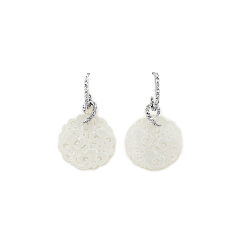 Carved White Jade Diamond Drop Earrings-White Jade Round Earrings - OEMXM00064