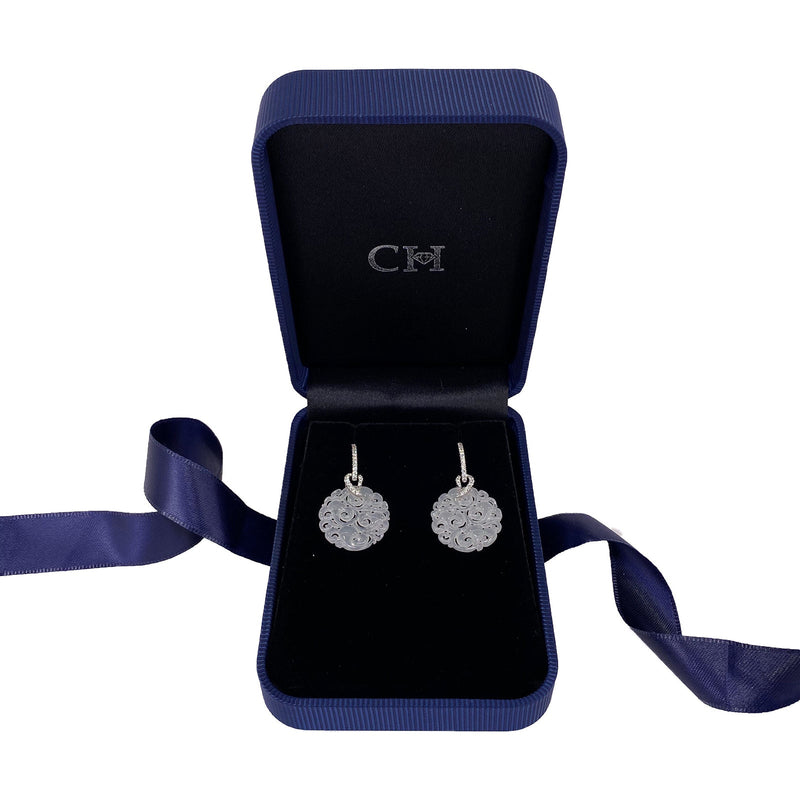 Carved White Jade Diamond Drop Earrings-White Jade Round Earrings - OEMXM00064