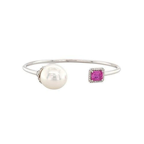 White Freshwater Pearl and Pink Sapphire Bangle-White South Sea Pearl and Pink Sapphire Bangle -