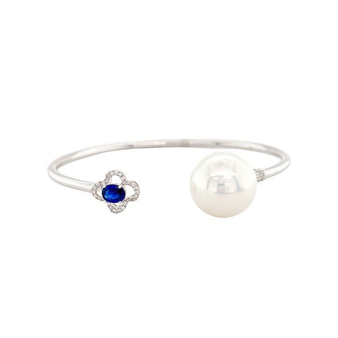 White Freshwater Pearl and Sapphire Bangle-White South Sea Pearl and Sapphire Bangle - FBGTJ00046