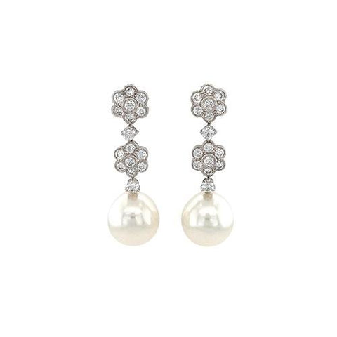 White South Sea Pearl Diamond Flower Earrings-White South Sea Pearl Diamond Flower Earrings -